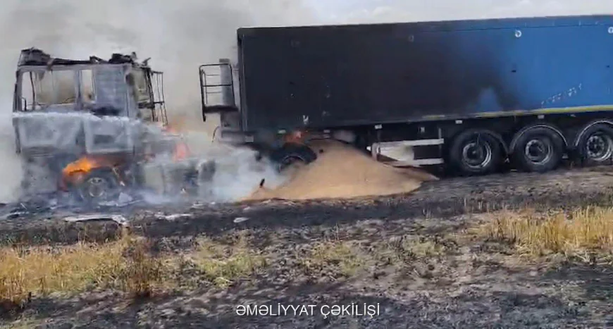 Oğuzda buğda yüklü avtomobil yanıb -