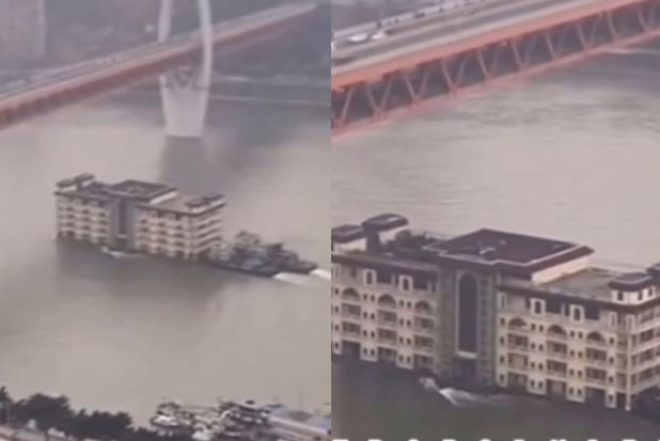 Çində inanılmaz görüntü: Böyük bir binanın dəniz yolu ilə daşındığı anlar gündəm oldu -  VİDEO